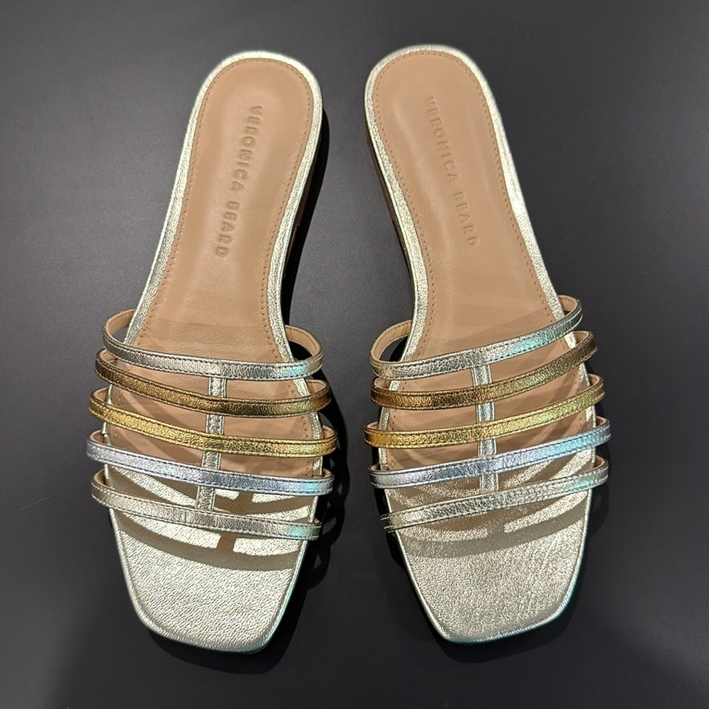 Veronica Beard Mazon Caged Strappy Gold with Silver Bronze Strap Slide Sandals